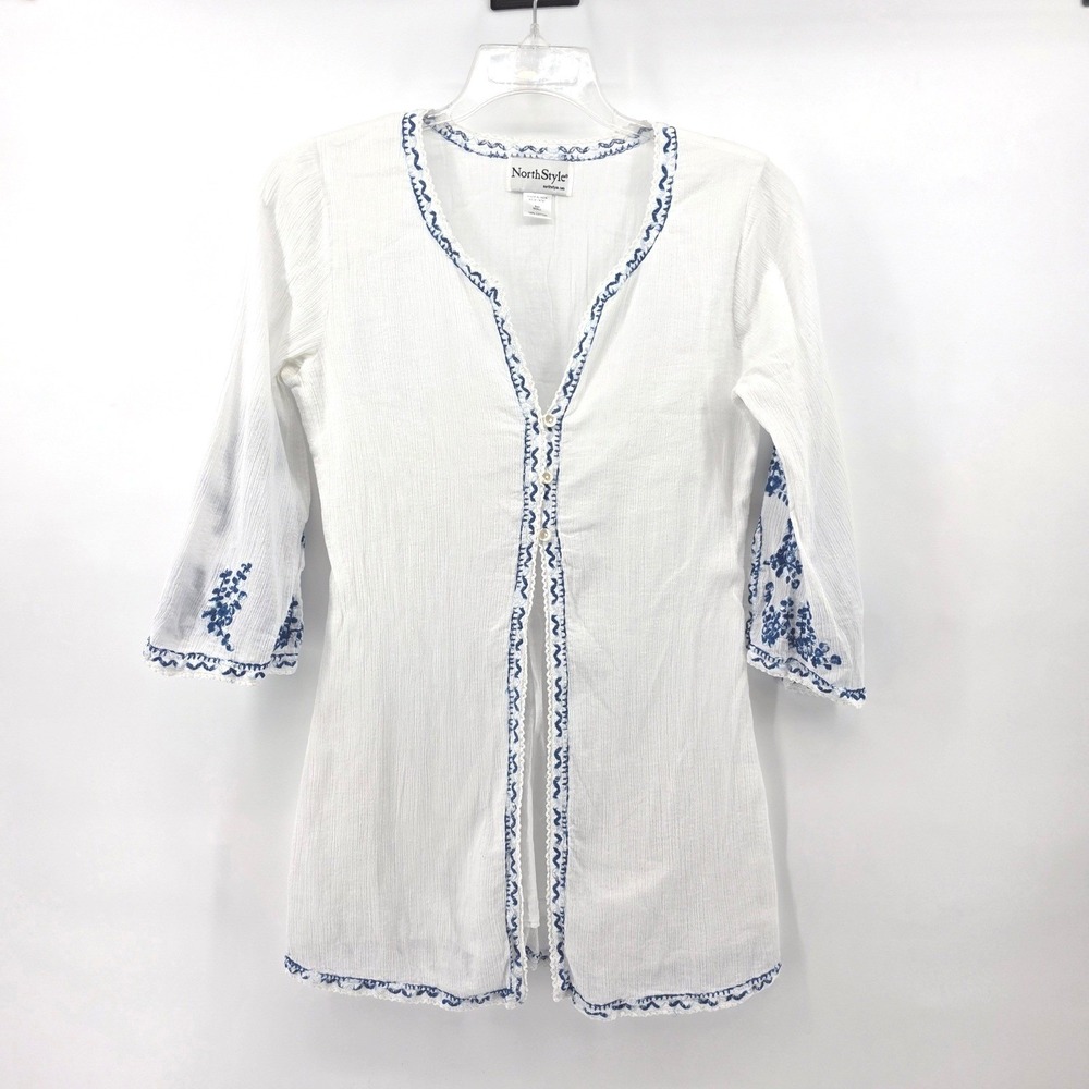 NorthStyle Womens White Cotton Gauze‎ Embroidered Tunic Top Blue Floral Small